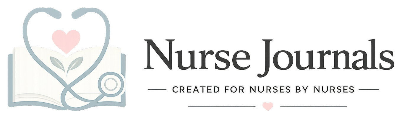 Nurse Journals logo with open journal, stethoscope heart, and tagline Created for Nurses by Nurses.